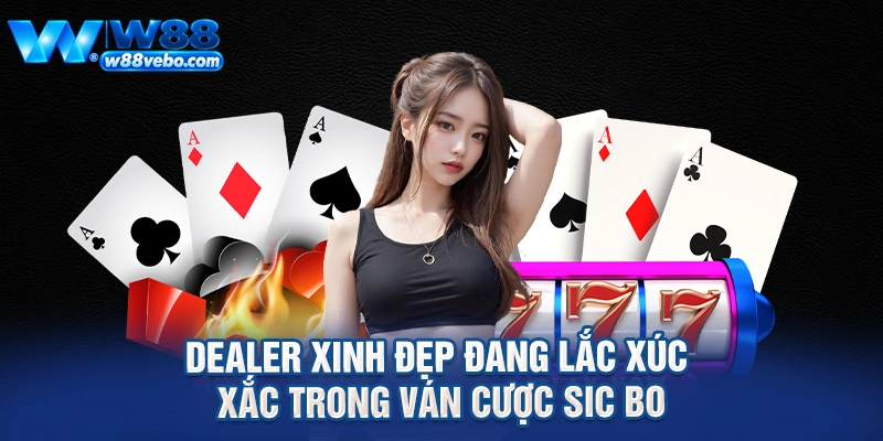 Dealer xinh đẹp đang lắc xúc xắc trong ván cược sic bo